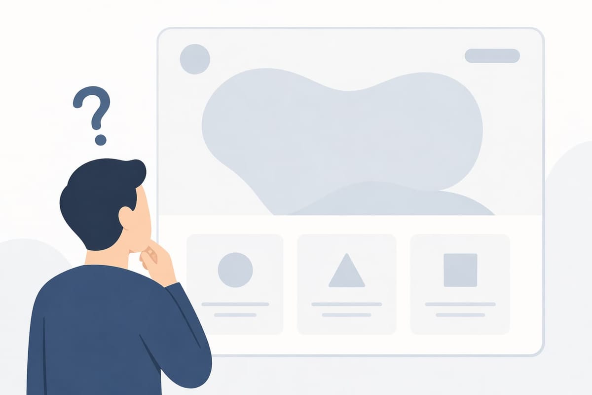 ぼんやりとしたファーストビューのWebページを前に、男性が「？」を浮かべて考え込んでいるイラスト